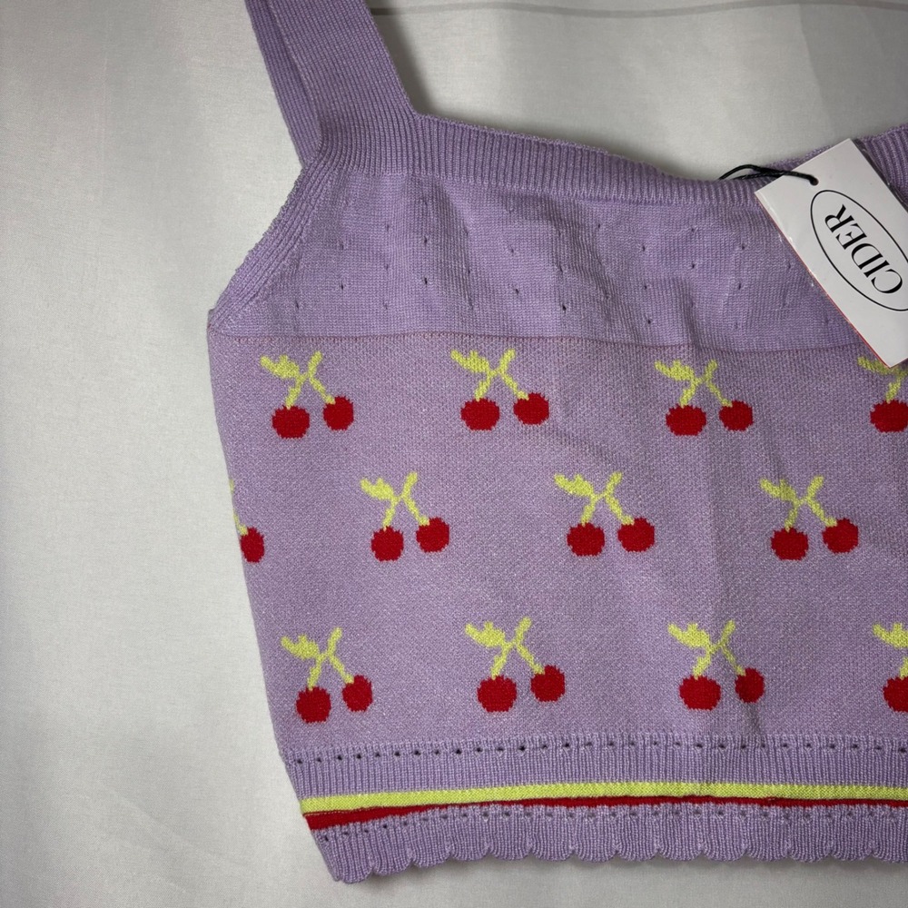 Cider Womens Purple Cherry Knit Crop Tank Top Scalloped Hem Size M NWT‎ - Picture 2 of 10